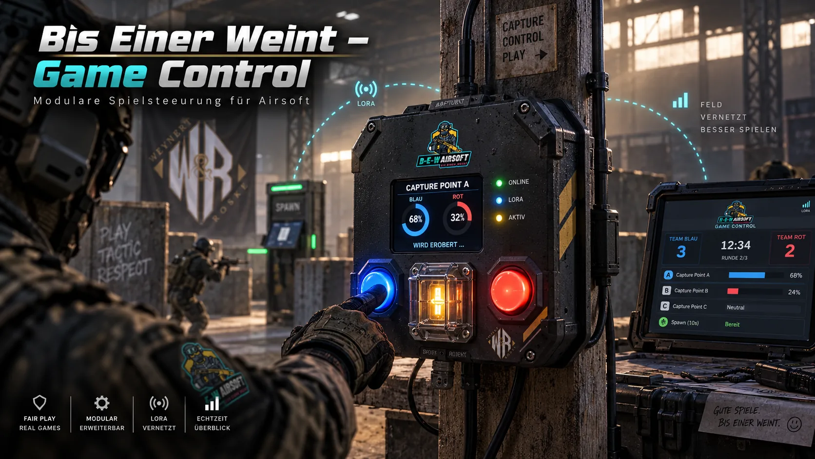 Spieler bedient einen vernetzten BEW Capture Point auf einem Airsoft-Spielfeld